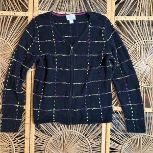 Vintage Black Zip Cardigan – Colorful Textured Grid Knit‎ – Size Medium